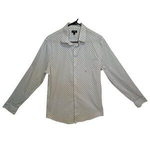 Express 1MX Slim Fit Mens Dress Shirt M White Geometric Print Long Sleeve